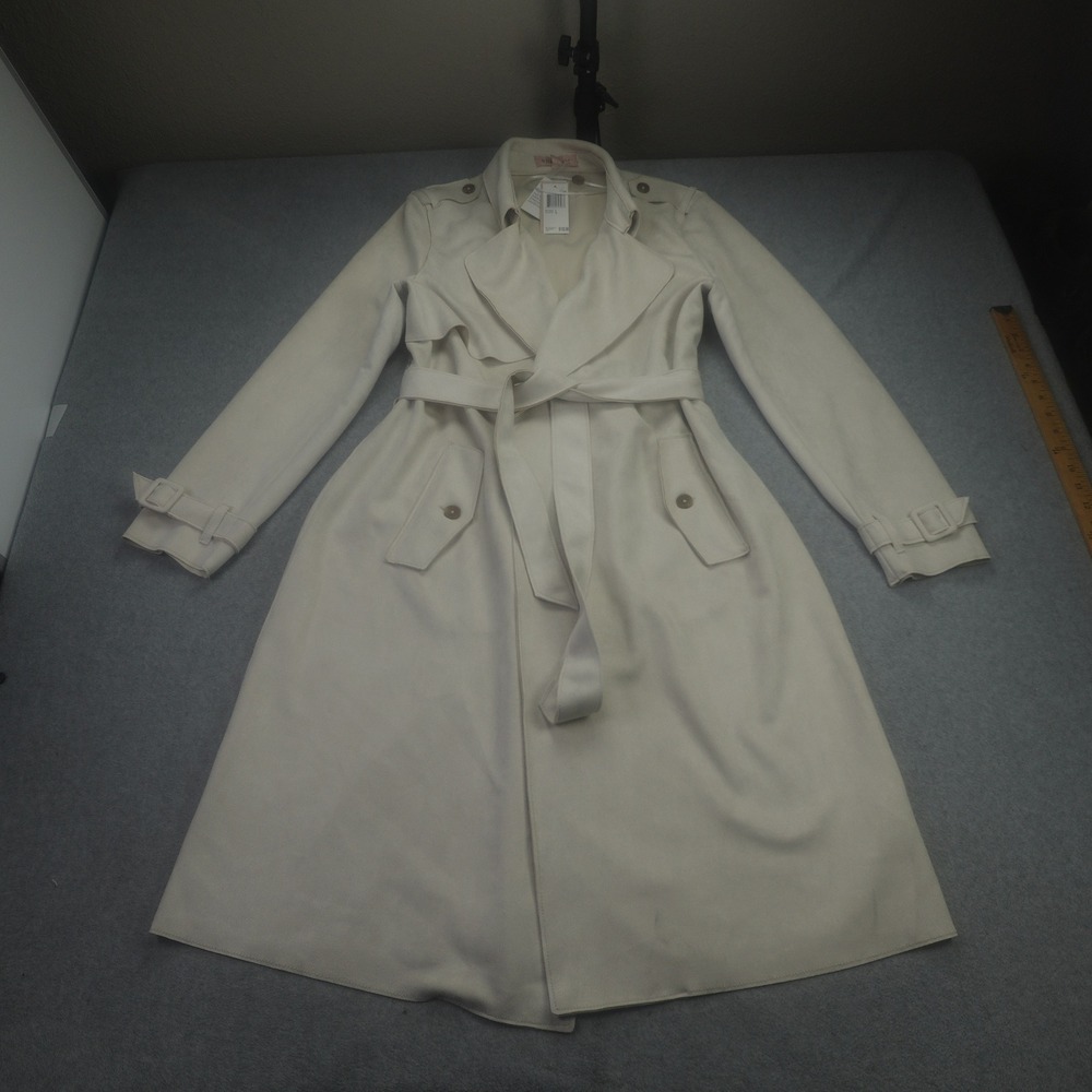 Philosophy Coat Womens Large Lt Stone Trench Faux Leather Belted Long Coat